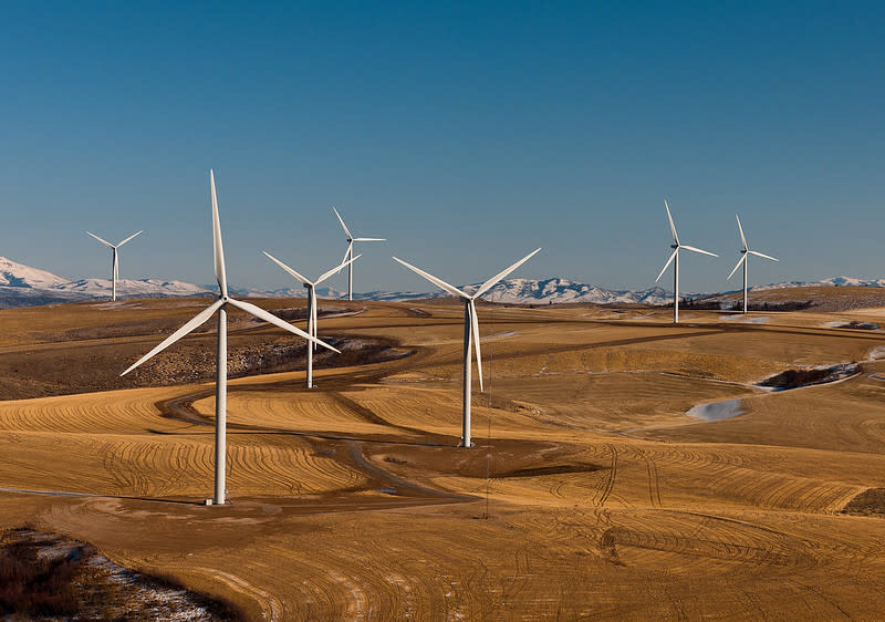 Wind turbines on the Snake River Plain in southern Idaho