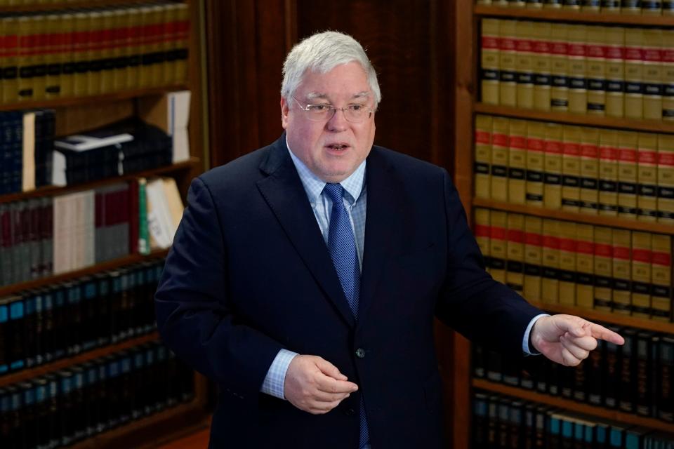 West Virginia Attorney General Patrick Morrisey speaks with reporters to announce a $68 million settlement with the Kroger pharmacy chain over its role in perpetuating the opioid crisis during a press conference at the state Capitol in Charleston on Thursday, May 4, 2023 in Charleston, W.Va.