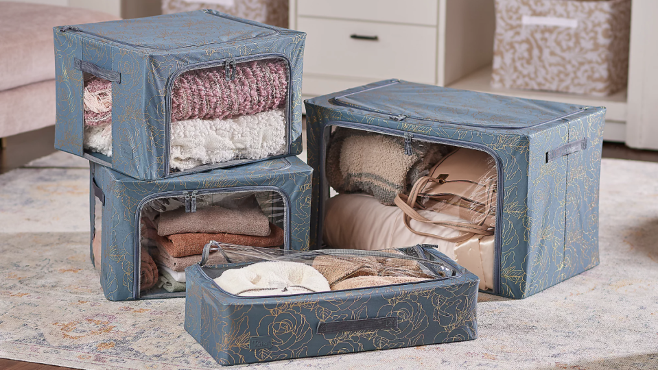 These patterned boxes are an eye-catching storage solution compared to clear bins.