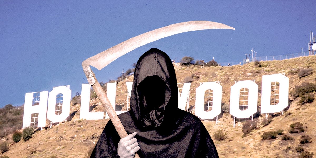 The grim reaper in front of the Hollywood sign