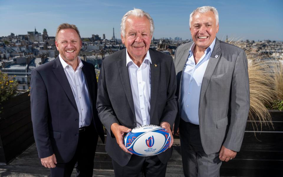 World Rugby chairman Bill Beaumont (centre), chief exec Alan Gilpin (left) and World Cup 2023 CEO Claude Atcher (right) - PAUL GROVER