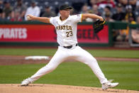 Pittsburgh Pirates starting pitcher Mitch Keller delivers during the first inning of a baseball game against the Los Angeles Angels in Pittsburgh, Monday, May 6, 2024. (AP Photo/Gene J. Puskar)