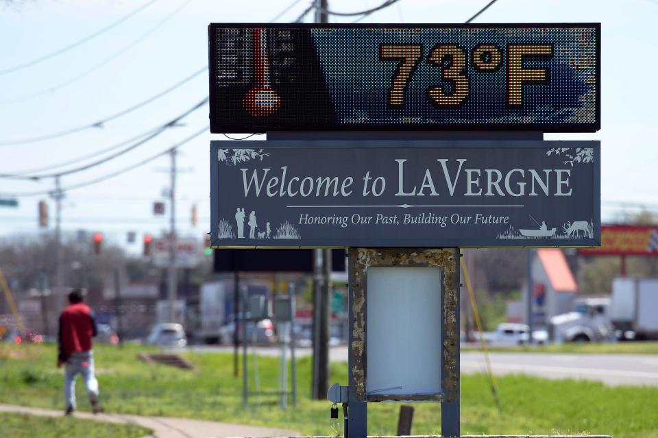 A La Vergne sign on Thursday March 26, 2020 posts the temperature.