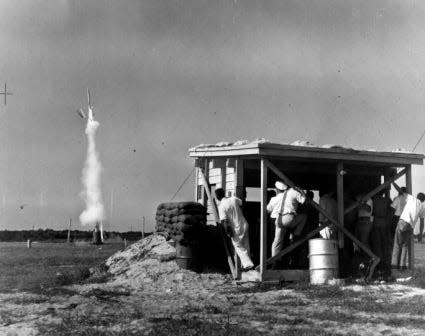 In this undated photo, an ARCAS weather sounding rocket takes flight from Launch Complex 43 at what is now Cape Canaveral Space Force Station.