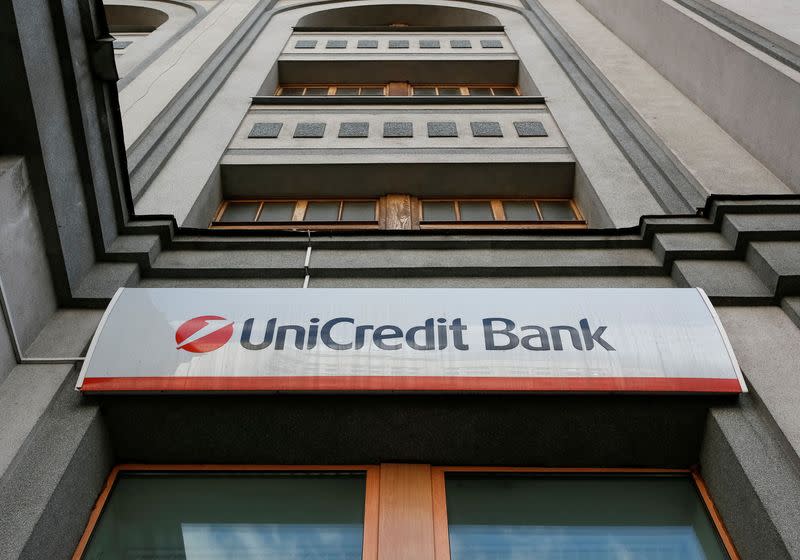 FILE PHOTO: A UniCredit sign at one of the bank's branches in Kiev