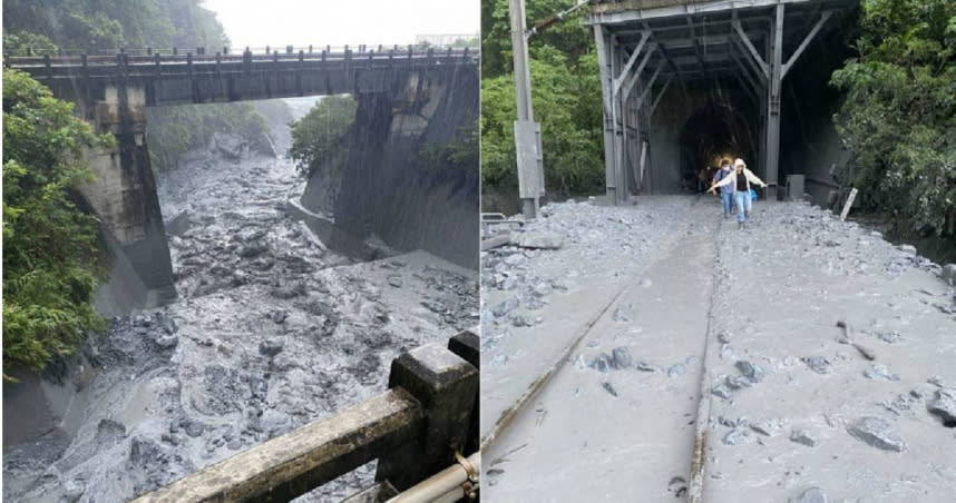 台鐵229次新自強號21日下午因大清水溪土石溢流覆蓋軌面，造成列車出軌。（圖／翻攝畫面）