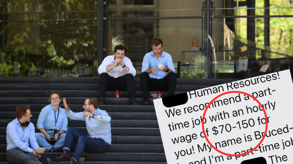 A composite image of office workers sitting on the steps of an office building in the CBD and the scam text offering $150 an hour for a simple job.