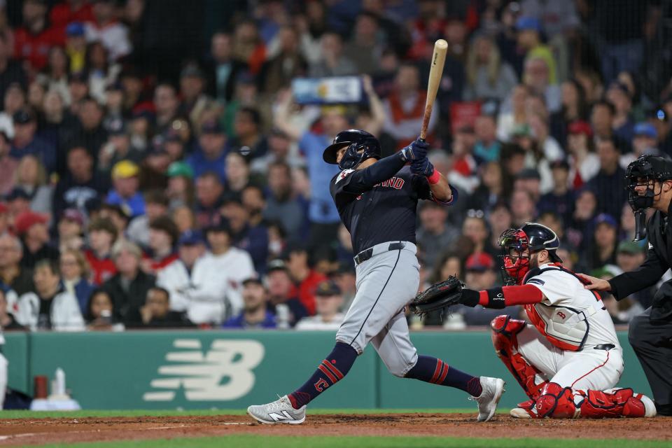 Guardians center fielder Tyler Freeman hits a home run during the fifth inning against the Red Sox at Fenway Park, April 16, 2024, in Boston.
