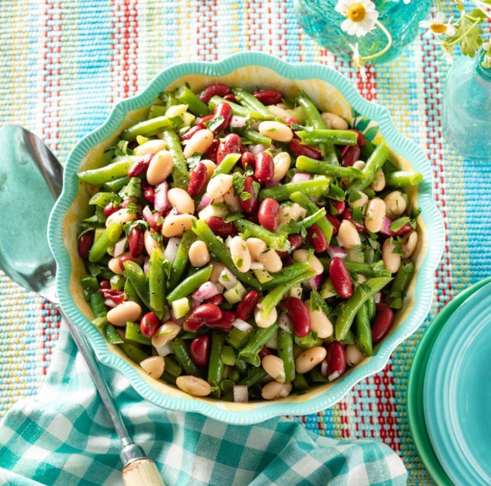 easter side dishes classic three bean salad in teal bowl