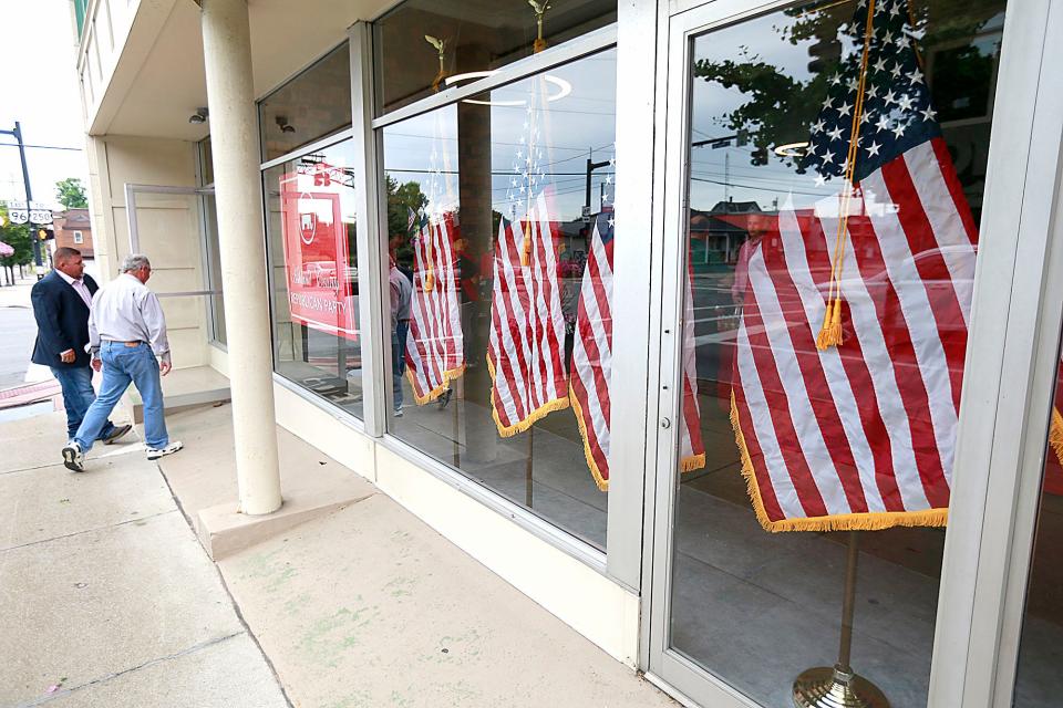 Guests arrive at the Ashland County Republican Party headquarters for the open house at 141 E. Main Street on Wednesday, July 6, 2022. TOM E. PUSKAR/ASHLAND TIMES-GAZETTE