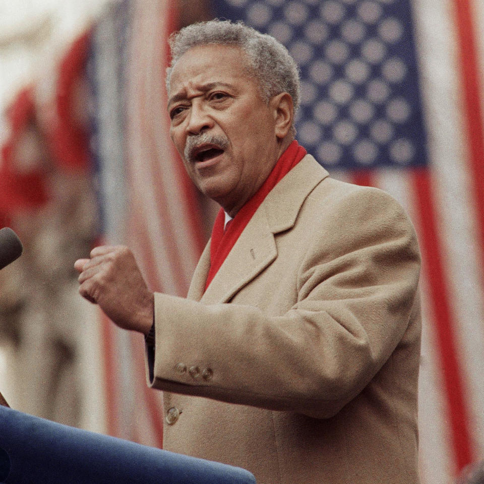 David Dinkins delivers his first speech as mayor of New York on Jan. 2, 1990. Calling New York a 