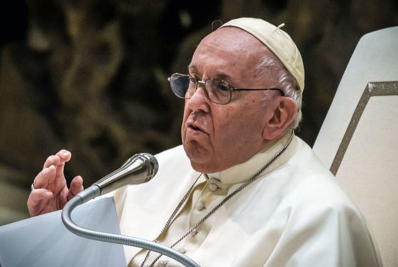 Pope Francis speaks during the general audience at the Pope Paul VI Hall at the Vatican. Michael Kappeler/dpa