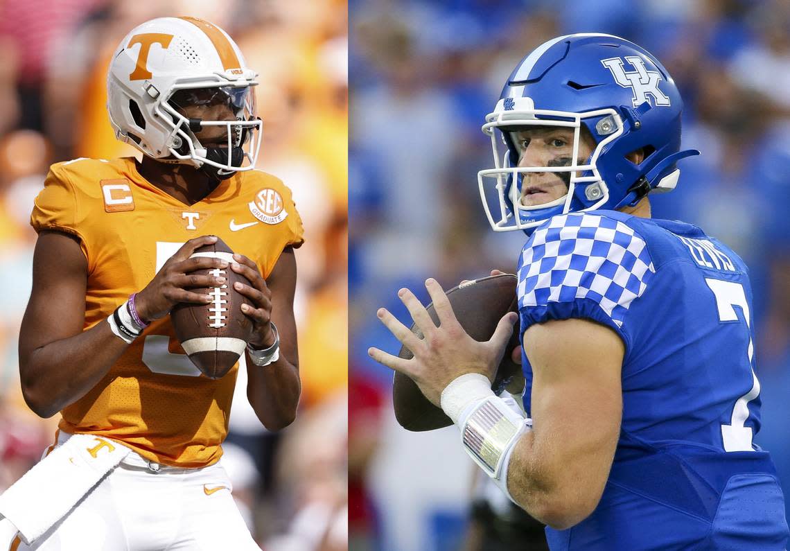 Hendon Hooker, left, and Will Levis, right, will square off Saturday night when No. 3 Tennessee hosts No. 19 Kentucky at Neyland Stadium in Knoxville. Levis has completed 114 passes in 164 attempts (69.5 percent) this season for 1,635 yards with 13 touchdowns and five interceptions. Hooker has completed 137 passes in 194 attempts (70.6 percent) this season for 2,093 yards with 18 touchdowns and one interception.