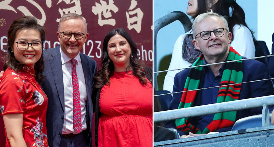 Anthony Albanese at Chinese New Year festival in Melbourne (left), Anthony Albanese at NRL football match wearing South Sydney Rabbitohs scarf (right. 