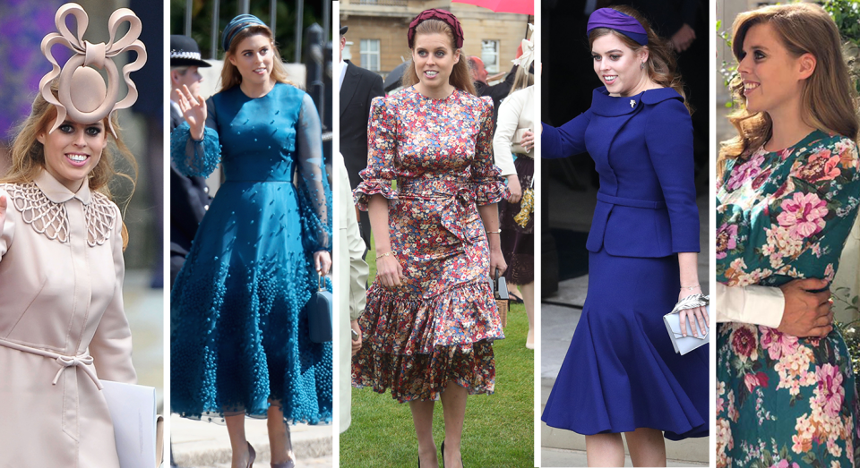 Princess Beatrice at the Duke and Duchess of Cambridge's wedding in 2011, at the Duke and Duchess of Sussex's wedding in 2018, at the Queen's Garden Party in 2019, at Princess Eugenie's wedding in 2018 and in her engagement photos in September 2019. [Photos: PA]