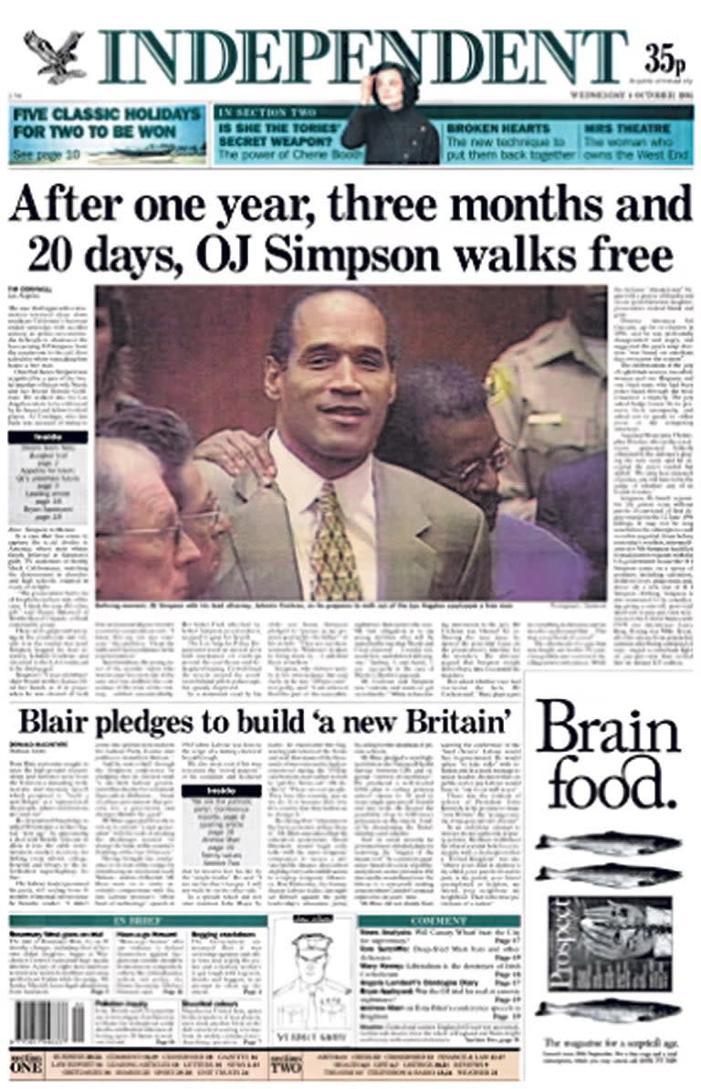 OJ Simpson coverage trial in The Independent newspaper front page (The Independent)