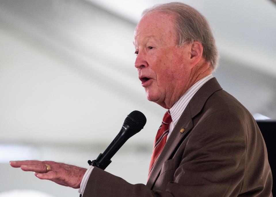 Senator Jabo Waggoner speaks to students as the Higher Education Day, sponsored by the Higher Education Sponsorship, is held in Montgomery, Ala., on Thursday April 4, 2019. 