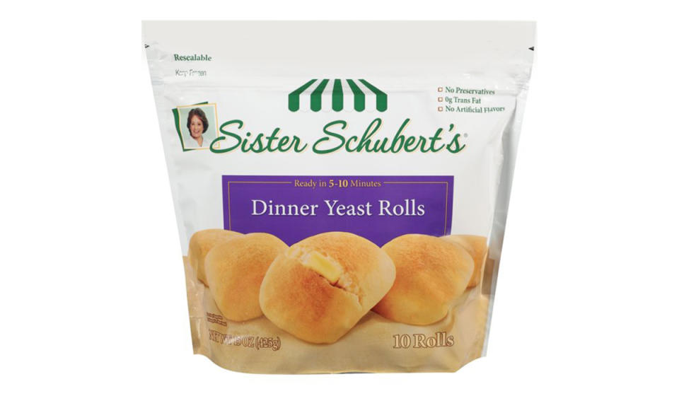 Pack of ten dinner yeast rolls in resealable freezer bag. 