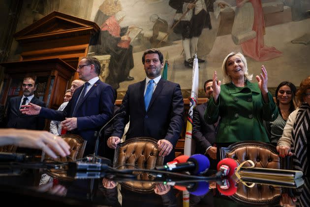 Marine Le Pen (right), of the French far-right party Rassemblement National; Andre Ventura (center), leader of the Portuguese far-right party Chega; and Tino Chrupalla, co-leader of the far-right Alternative for Germany, hold a joint press conference Nov. 24 in Lisbon as far-right leaders of Europe show their support for Chega.