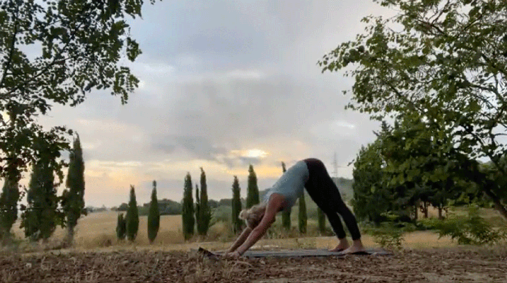 Woman practicing an early morning yoga routine outside with her hands and feet on a yoga mat