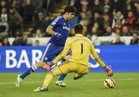 Chelsea's Diego Costa (L) takes the ball around Swansea City's Lukasz Fabianski but fails to score during their English Premier League soccer match at the Liberty Stadium in Swansea, Wales January 17, 2015. REUTERS/Rebecca Naden