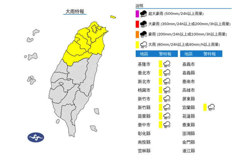 氣象署今（18）日上午針對「全台9縣市」發佈大雨特報。中央氣象署