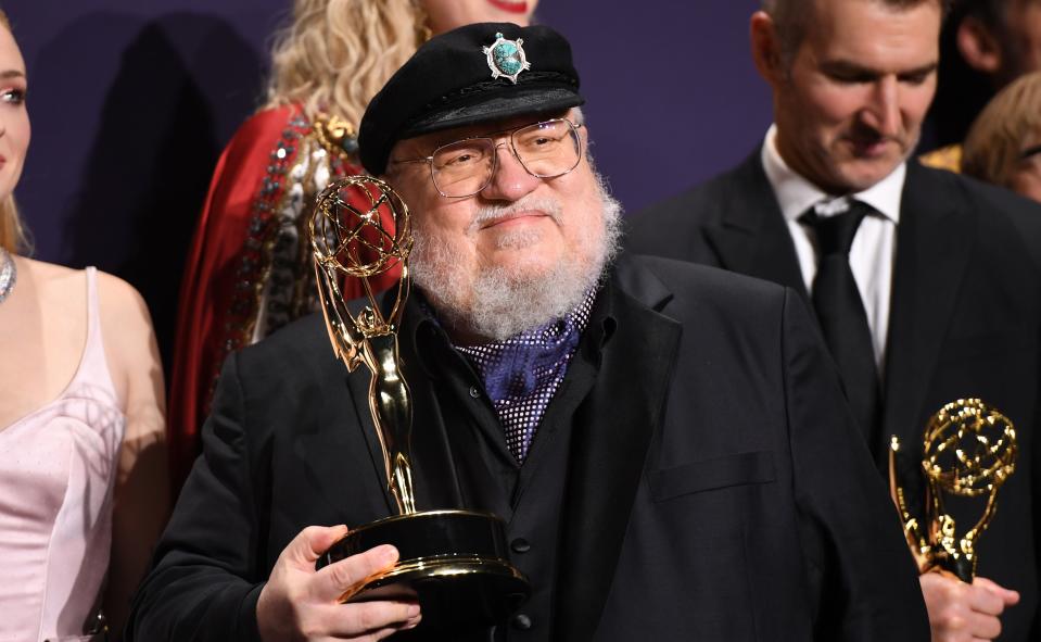 George R. R. Martin poses with the Emmy for Outstanding Drama Series "Game Of Thrones" during the 71st Emmy Awards on September 22, 2019. (Credit: Robyn Beck/AFP/Getty Images)