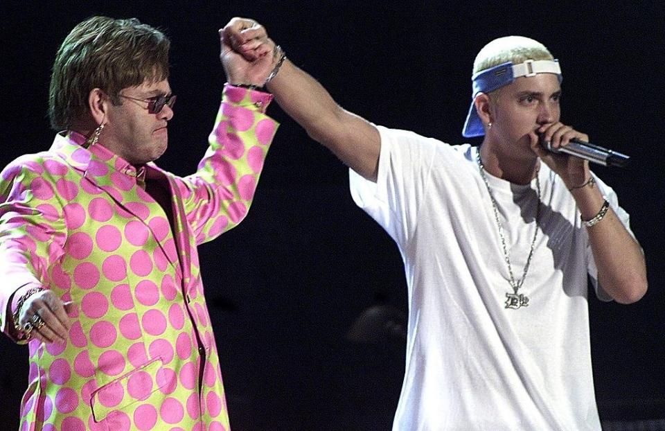 Eminem and Elton's friendship started at the 2001 Grammys, when the two performed on stage together — which was particularly important because GLAAD was protesting Eminem's presence at the Grammys and Elton is an openly gay man. When Eminem started his road to sobriety, Elton volunteered to be his sponsor. 