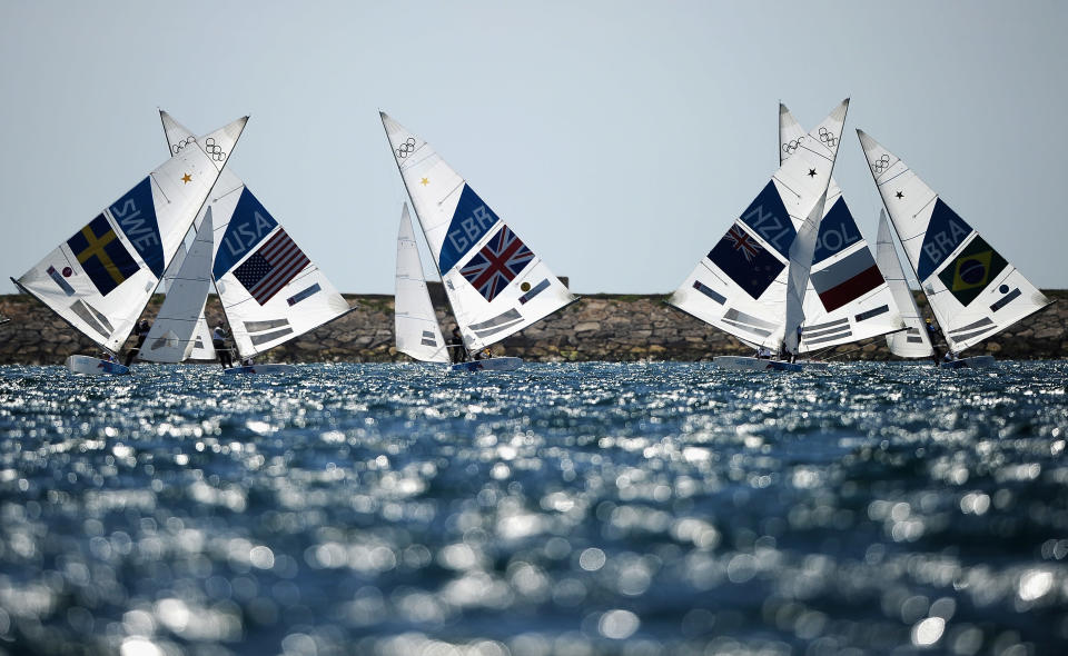 WEYMOUTH, ENGLAND - AUGUST 05: Action from the Star Class medal race at Weymouth Harbour on August 5, 2012 in Weymouth, England. (Photo by Laurence Griffiths/Getty Images)