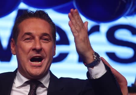 Top candidate and head of far-right Freedom Party (FPOe) Heinz-Christian Strache attends his party meeting after Austria's general election in Vienna, Austria, October 15, 2017. REUTERS/Michael Dalder