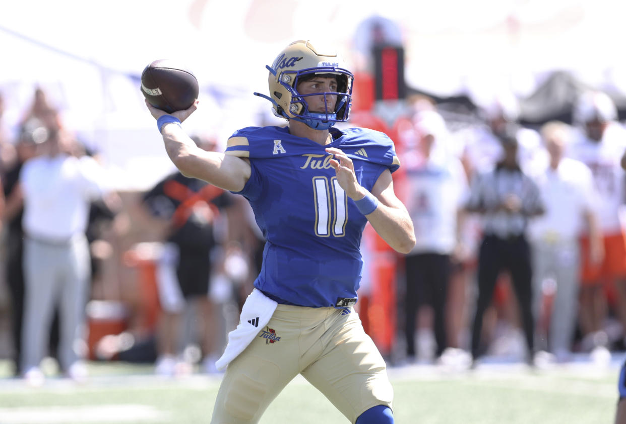 Tulsa quarterback Kirk Francis (11) throws a pass against Oklahoma State during the first half of an NCAA college football game, Saturday, Sept. 14, 2024, in Tulsa, Okla. (AP Photo/Joey Johnson)