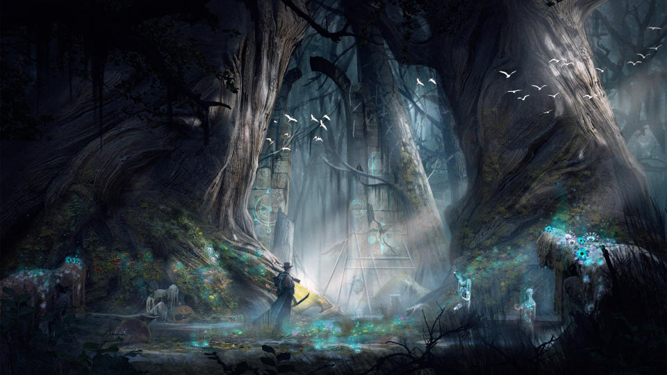 Nightingale art director interview; a person stands at the foot of an huge tree