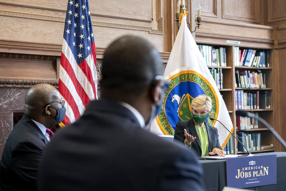 Energy Secretary Jennifer Granholm speaks during a roundtable discussion at Howard University in Washington, Monday, May 3, 2021. (Stefani Reynolds/Pool via AP)