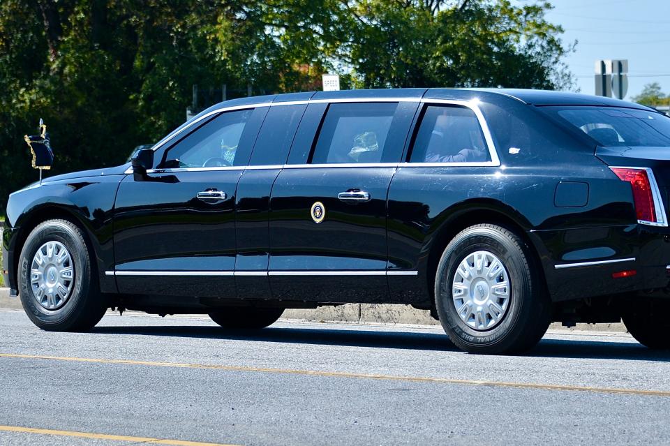 The president's limousine, sometimes known as "The Beast," arrives Friday at the Volvo Group Trucks Powertrain facility in Hagerstown.