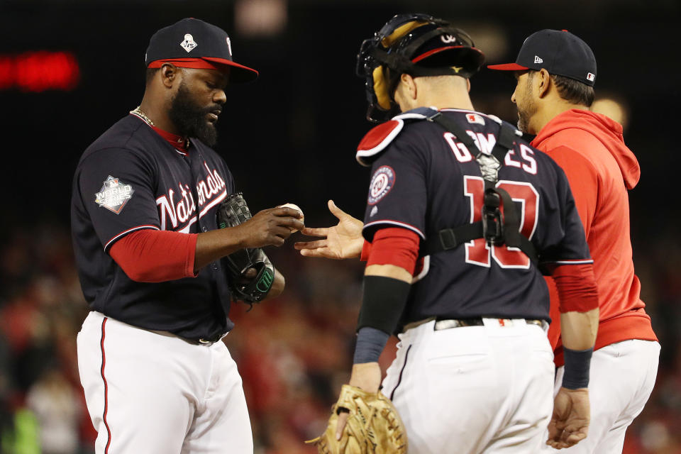 WASHINGTON, DC - OCTOBER 26:  Fernando Rodney #56 of the Washington Nationals is taken out of the game against the Houston Astros during the seventh inning in Game Four of the 2019 World Series at Nationals Park on October 26, 2019 in Washington, DC. (Photo by Patrick Smith/Getty Images)