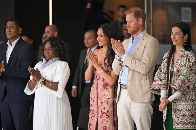 <p>RAUL ARBOLEDA/AFP via Getty </p> From left: Francia Marquez, Meghan markle and Prince Harry in Colombia on Aug. 15, 2024