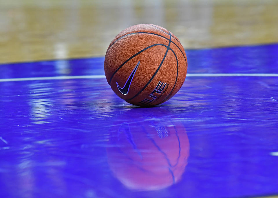 MANHATTAN, KS - JANUARY 09:  A general view of a basketball on the floor during a game between the Kansas State Wildcats and West Virginia Mountaineers on January 9, 2019 at Bramlage Coliseum in Manhattan, Kansas.  (Photo by Peter G. Aiken/Getty Images)