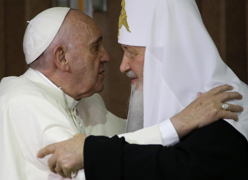 FILE - Pope Francis, left, embraces Russian Orthodox Patriarch Kirill after signing a joint declaration on religious unity in Havana, Cuba, on Feb. 12, 2016. Pope Francis' first 10 years as pope have been marked by several historic events, as well as several unplanned moments or comments that nevertheless helped define the contours and priorities of history's first Latin American pope. (AP Photo/Gregorio Borgia, Pool, File)