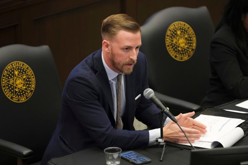 State schools Superintendent Ryan Walters presents a general vision for the Oklahoma State Department of Education in a Tuesday, Jan. 24, 2023, hearing with the House education budget committee.