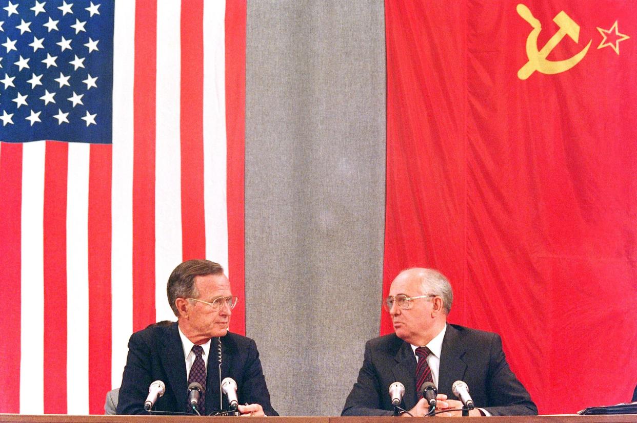 Presidents George H.W. Bush and Mikhail Gorbachev on July 31, 1991, in Moscow.