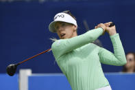 Pernilla Lindberg of Sweden watches her shot off the 9th tee during the first round of the LPGA Walmart NW Arkansas Championship golf tournament, Friday, Sept. 24, 2021, in Rogers, Ark. (AP Photo/Michael Woods)