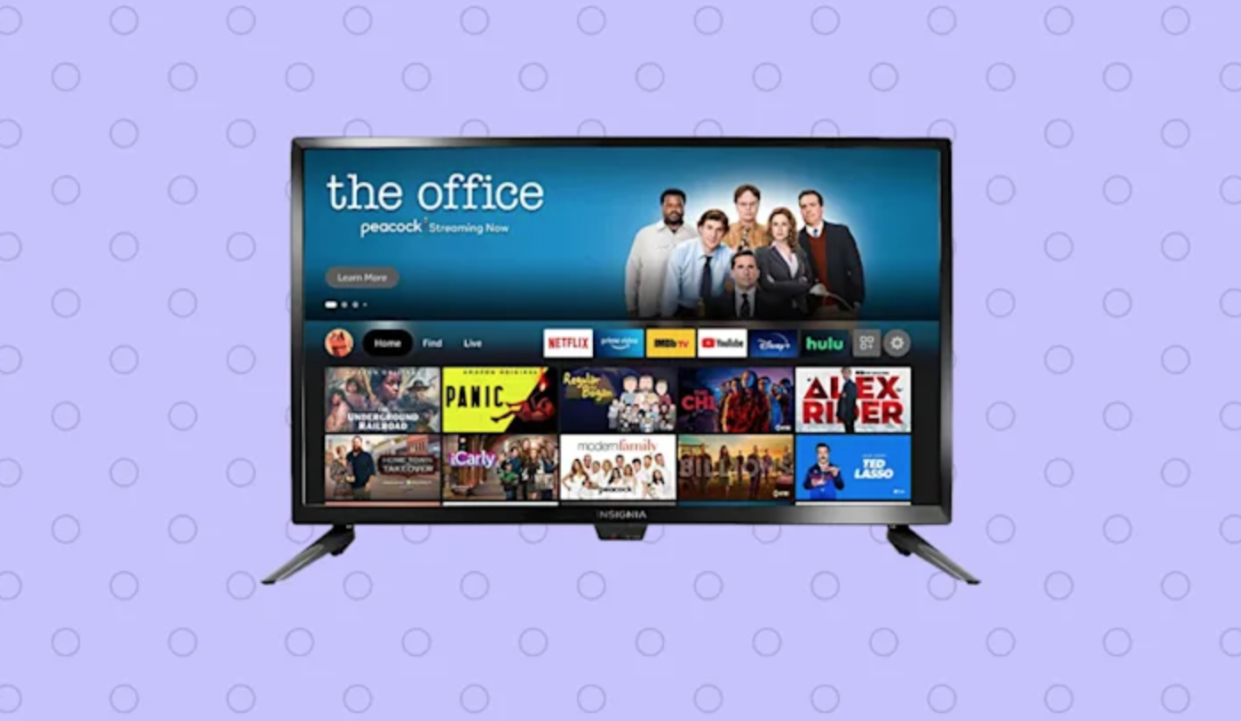 A flat screen TV with app homepage open including an ad for The Office