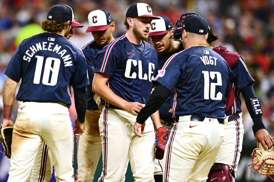 Aug 23, 2024; Cleveland, Ohio, USA; Cleveland Guardians manager Stephen Vogt (12) relieves starting pitcher Tanner Bibee (28) during the sixth inning against the Texas Rangers at Progressive Field. Mandatory Credit: Ken Blaze-USA TODAY Sports