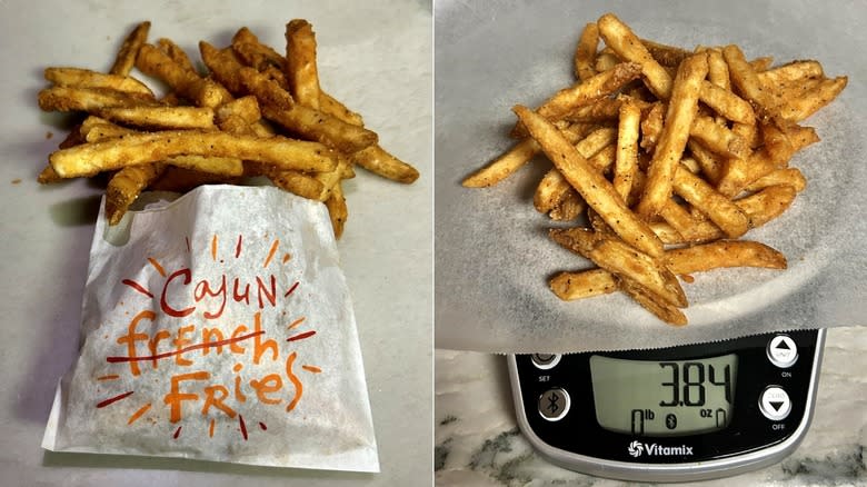 Popeye's fries in container next to fries on food scale