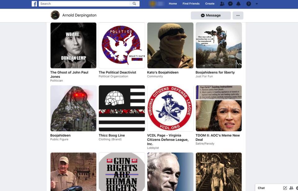 A series of extremist Facebook pages "liked" by Aaron Swenson, who was arrested for allegedly attempting to attack police officers in Texas.  (Photo: The Tech Transparency Project )