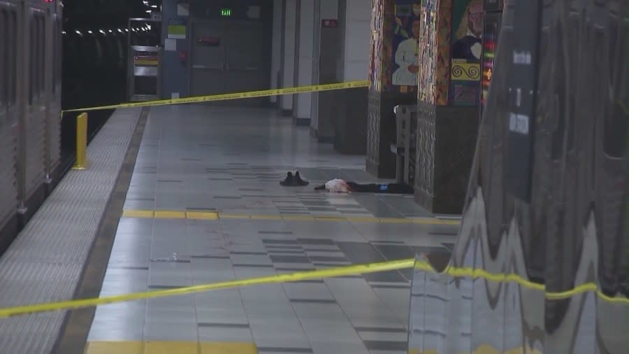 Police tape at the scene of a stabbing that left one woman dead at the Studio City Metro stop. The Los Angeles Police Department says it appears to be an unprovoked stabbing. The suspect was arrested on April 22, 2024. (KTLA)