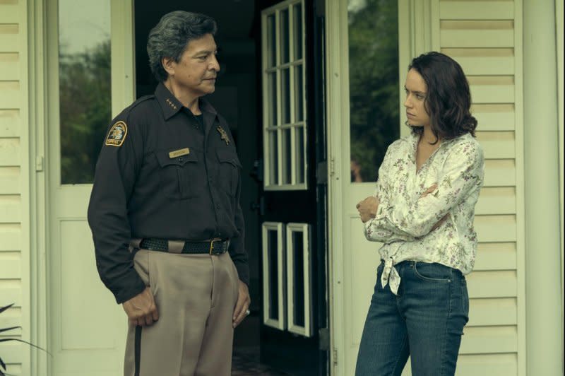 An officer (Gil Birmingham) warns Helena (Daisy Ridley) about the Marsh King. Photo courtesy of Lionsgate and Roadside Attractions