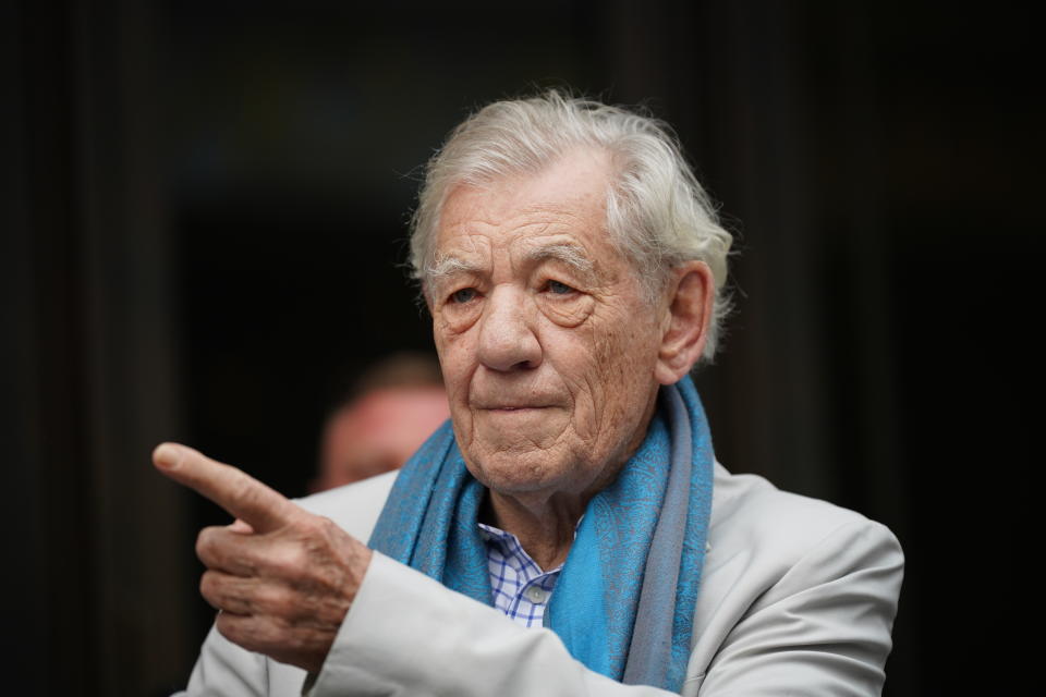 Actor Sir Ian McKellen outside the Londoner Hotel, in Leicester Square, London, for the announcement of a UK tour of the pantomime Mother Goose. The production will star Sir Ian as Mother Goose, with comedians John Bishop and Mel Giedroyc, and will open at the Theatre Royal Brighton on December 3, before a season in the West End at the Duke of York's Theatre, followed by a UK tour. Picture date: Monday October 3, 2022. (Photo by Yui Mok/PA Images via Getty Images)