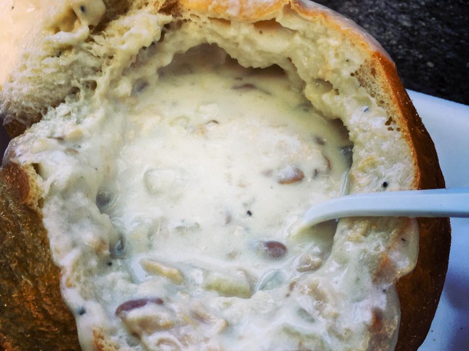 clam chowder in a bread bowl