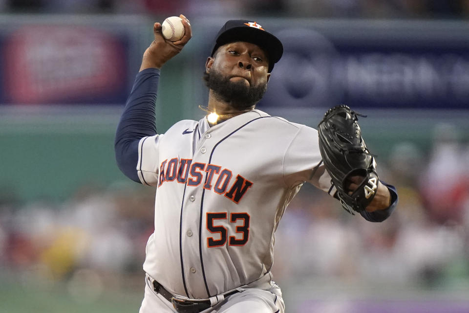 Houston Astros' Cristian Javier delivers a pitch to a Boston Red Sox batter in the first inning of a baseball game, Monday, Aug. 28, 2023, in Boston. (AP Photo/Steven Senne)